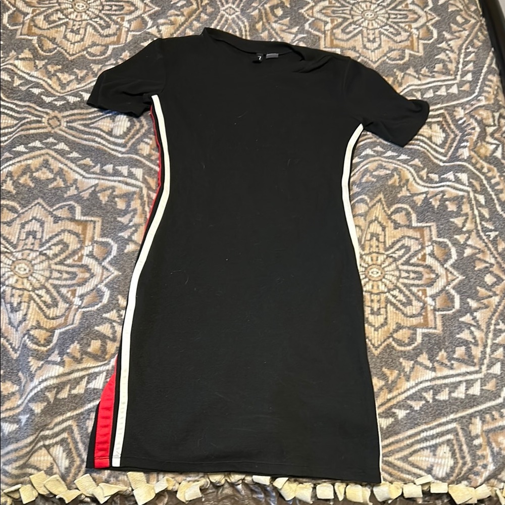 Stylish Black Dress with Red and White Accents